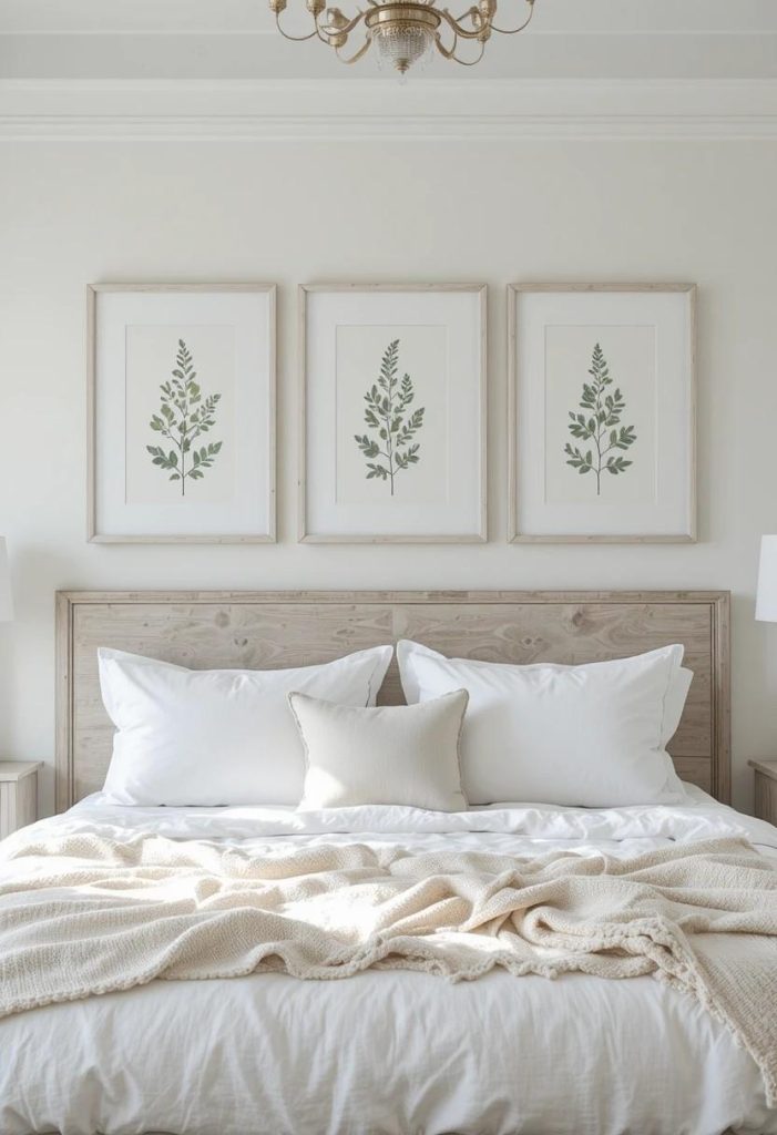 Three botanical prints in matching whitewashed wood frames arranged above a white linen coastal bed.