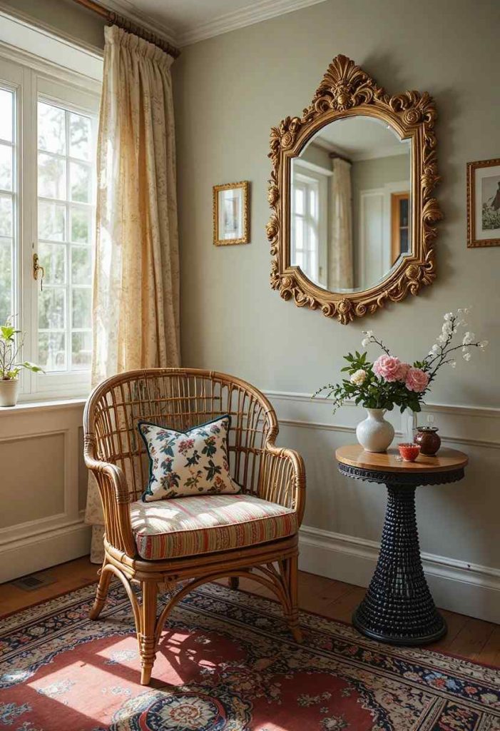 Whimsical corner mixing a Victorian gold mirror, 1970s rattan chair, and bobbin side table on a Persian rug.