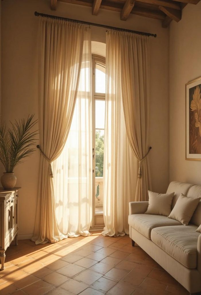 Long unlined cream linen curtains puddling on terracotta floors with golden sunlight filtering through in a Tuscan living room.