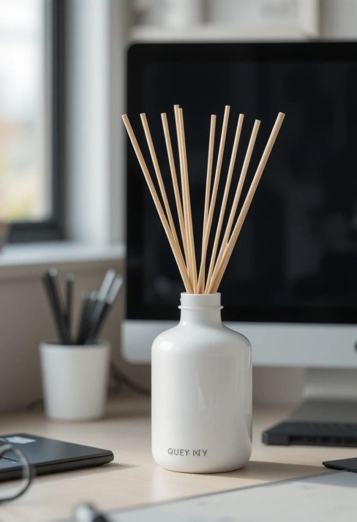Small white ceramic reed diffuser with thin reeds placed discreetly at the corner of an office desk