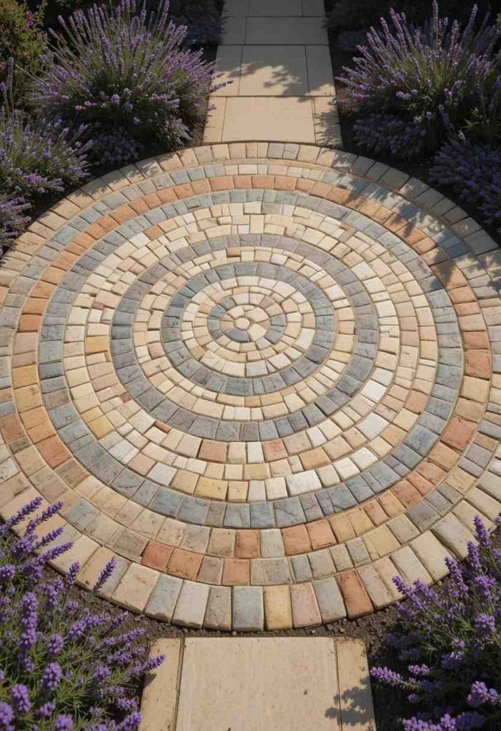 Circular pebble mosaic patio with a spiral sunburst design in cream gray and terracotta stones surrounded by lavender