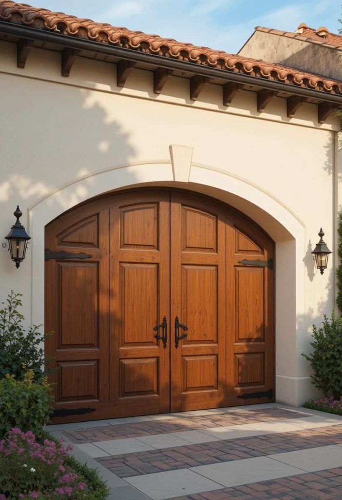 Three-car Tuscan garage with carriage-style walnut wooden doors, iron strap hinges, arched window panels, cream stucco, and copper sconces.