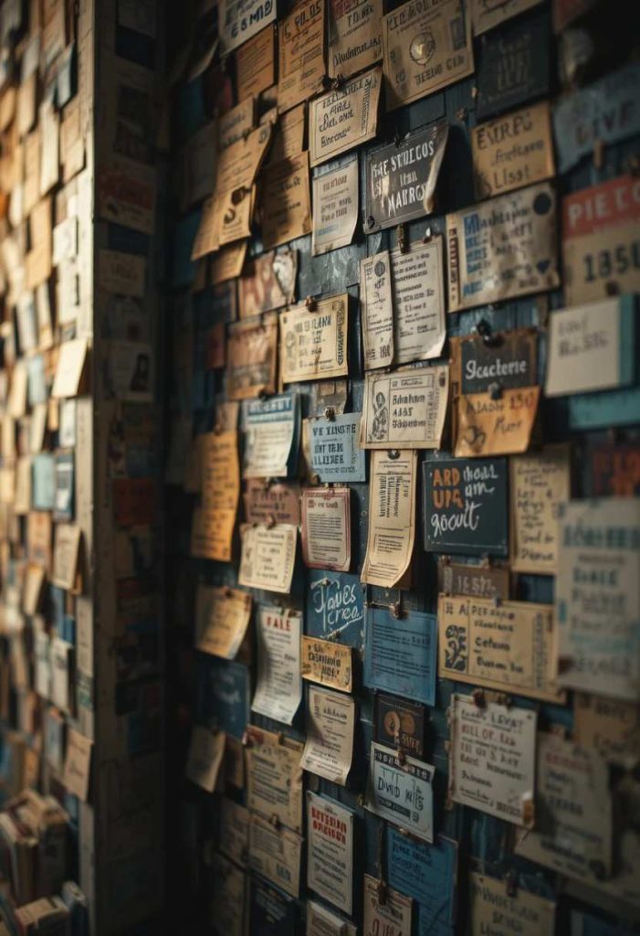 Grunge memory wall covered in concert ticket stubs, wristbands, and setlists