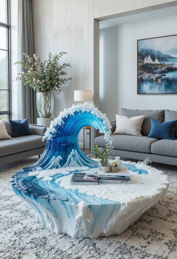 Glossy resin coffee table designed to look like an ocean wave crashing onto a sandy shore