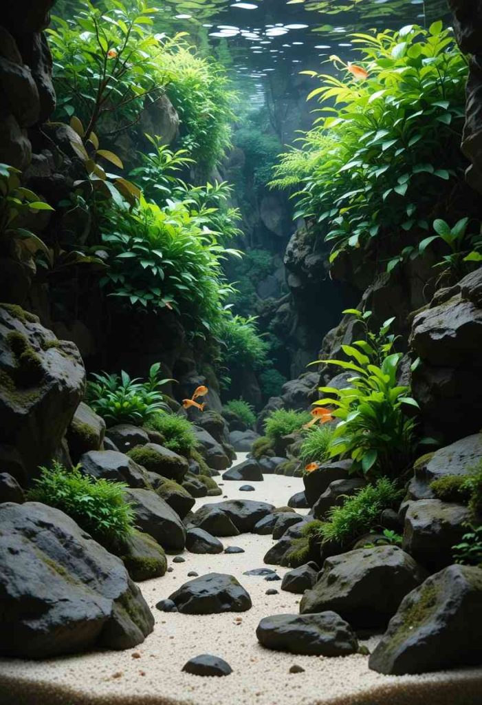Southeast Asian stream biotope aquarium with smooth river rocks frogbit and harlequin rasboras