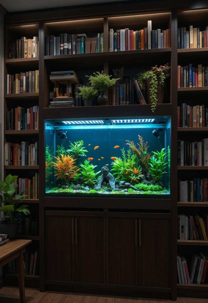 Long horizontal aquarium built into a bookshelf surrounded by books on the other shelves