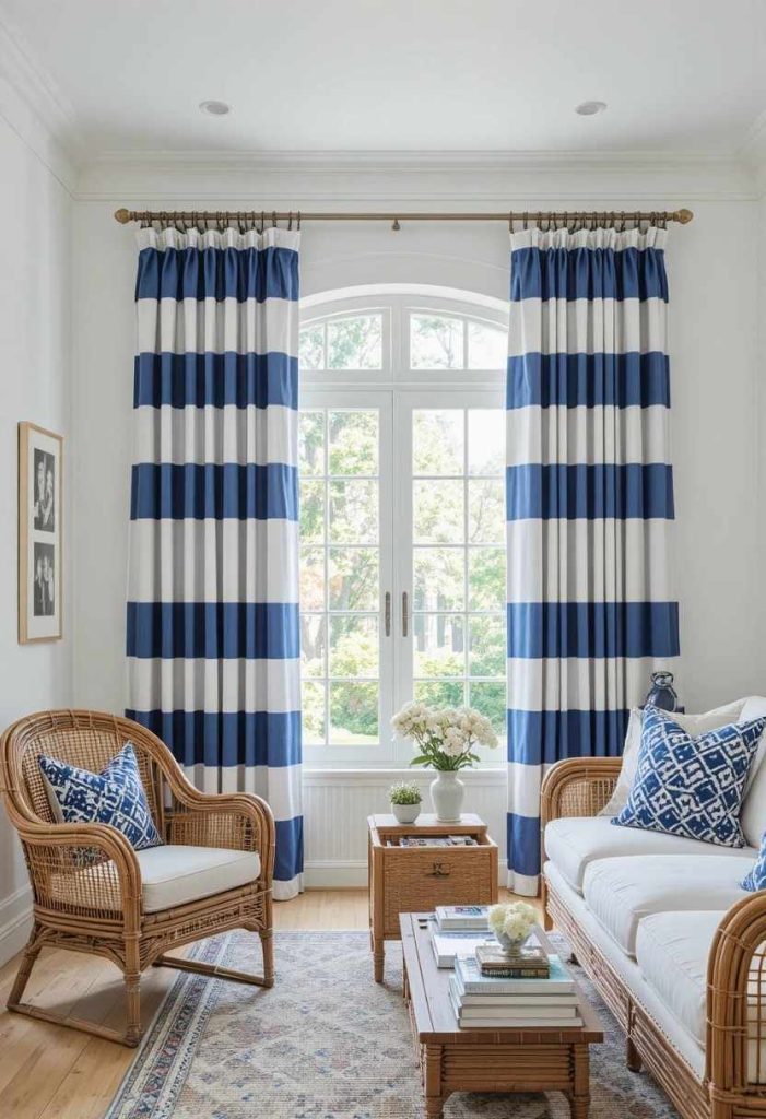 Bold navy and white striped curtains extending beyond window frame in a bright Hamptons-style living room