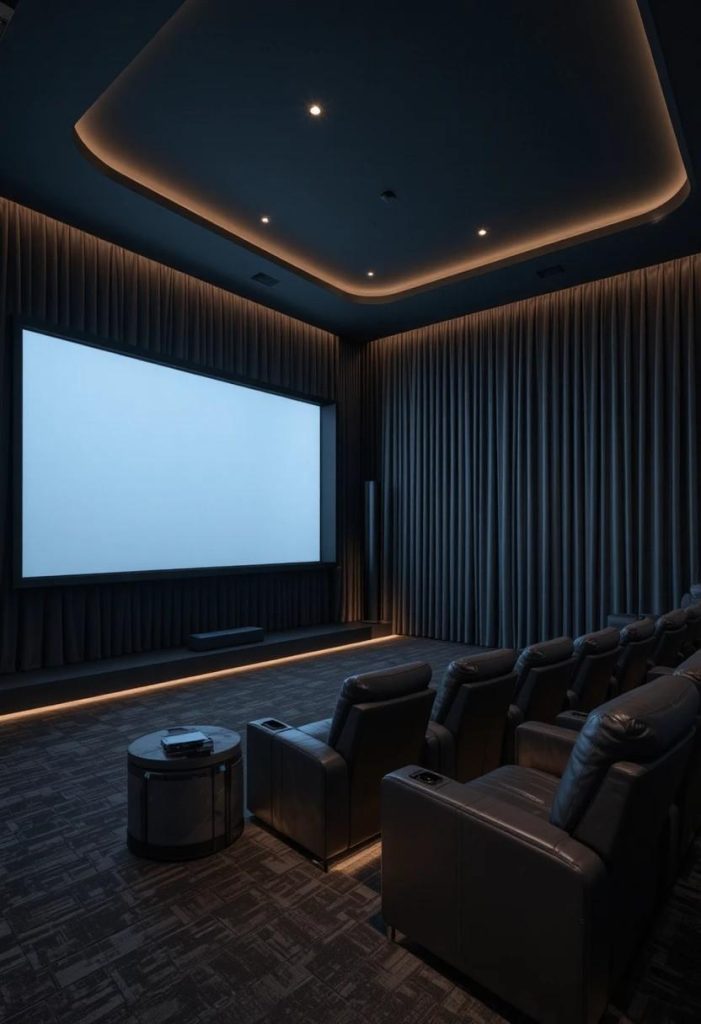 Floor-to-ceiling charcoal gray velvet blackout curtains in a sophisticated home cinema room with leather recliners