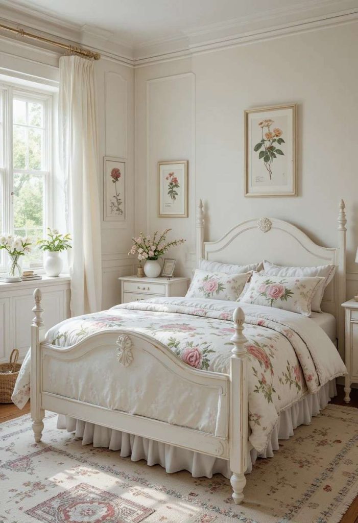 Vintage floral girls bedroom with white-painted furniture, patchwork quilt, botanical prints and pressed flower specimens