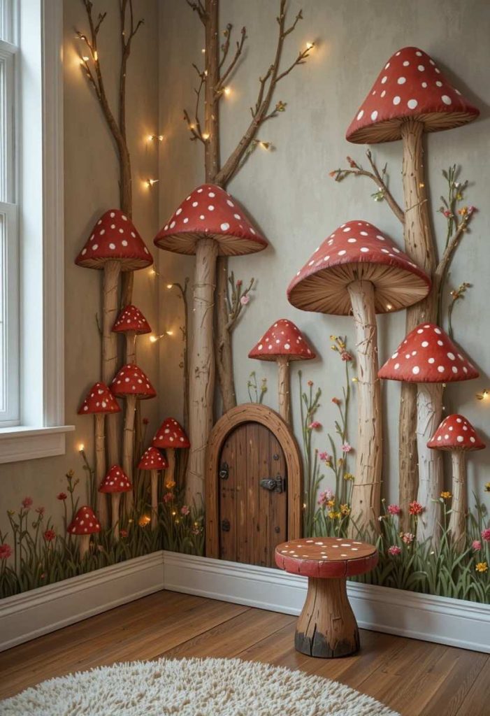 Whimsical mushroom forest corner with painted toadstools, fairy door, mushroom stool and fairy lights in a magical kids bedroom