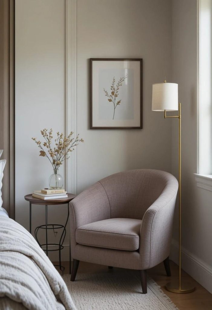 Taupe boucle reading chair with brass floor lamp and side table in a cozy bedroom corner