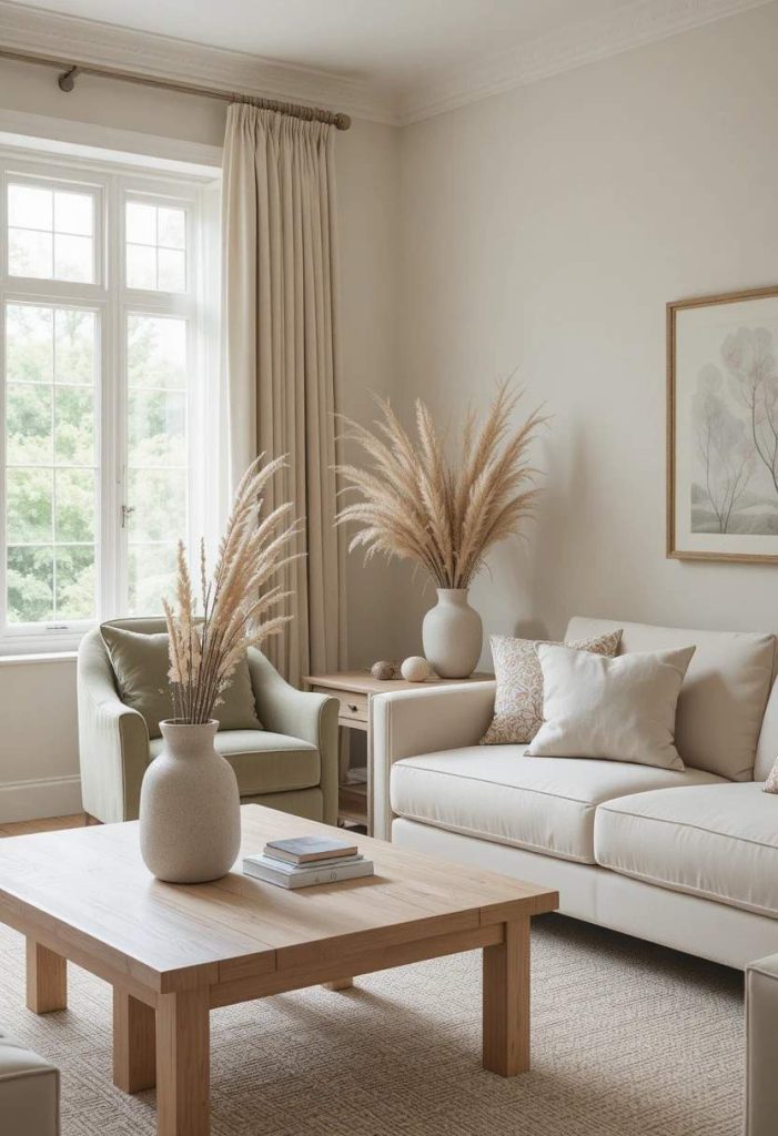 Small living room in cohesive cream, oatmeal, and sage green palette with light wood accents.