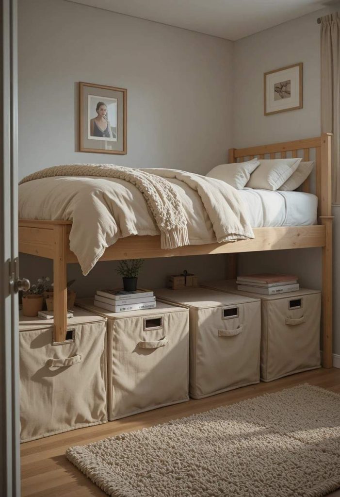  Neutral canvas under-bed storage bins on bed risers in organized small college dorm bedroom