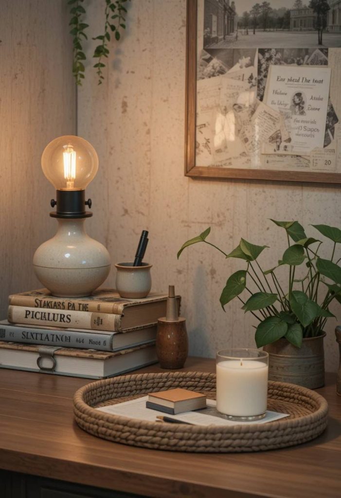 Styled aesthetic college desk with lamp candle and plant on a budget