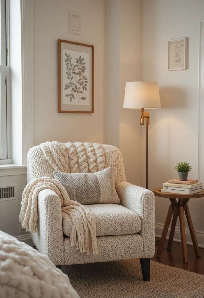 Cozy boucle reading chair in corner of college apartment bedroom
