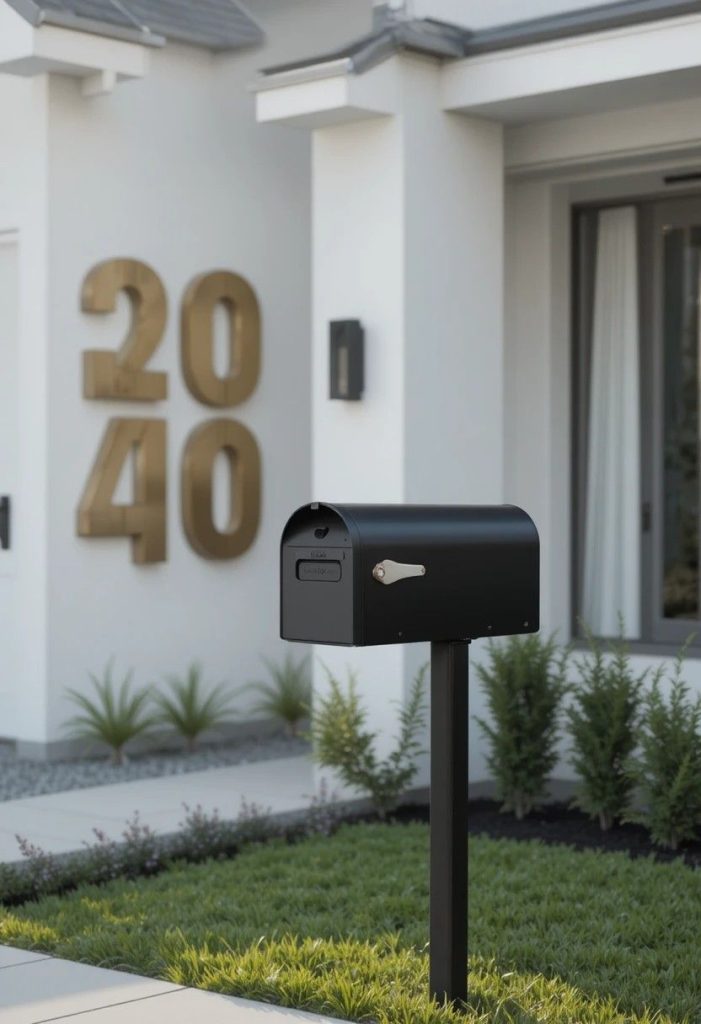 Modern black mailbox and large brass house numbers giving a minimalist front yard sharp curb appeal