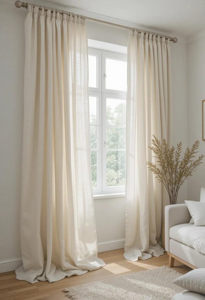 Floor-length cream linen curtains filtering soft morning light onto an oak floor in a Scandinavian living room.