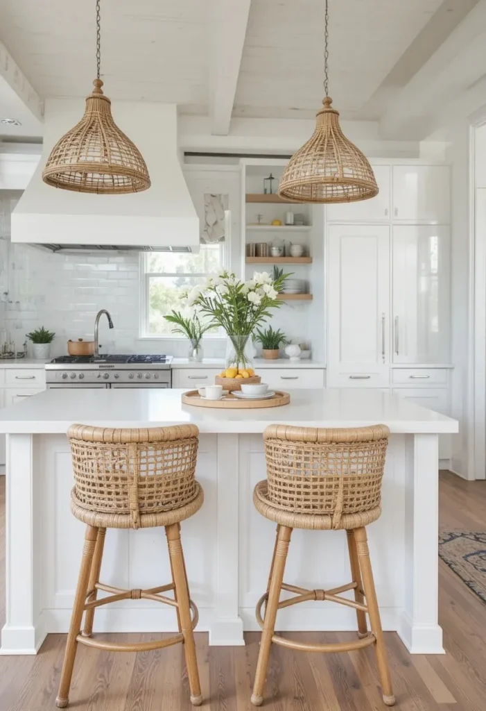 Rattan bar stools kitchen island creating natural and airy coastal kitchen style