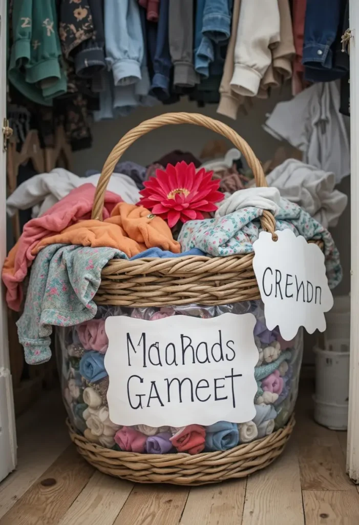 Kids closet donation basket for outgrown clothes to keep space clutter-free