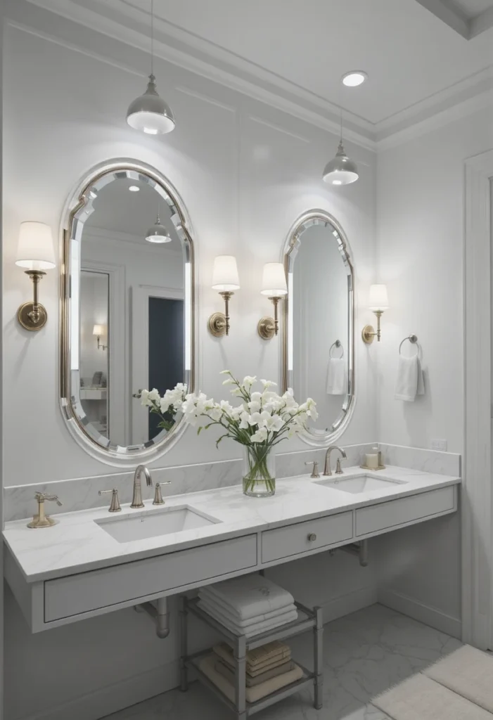 White bathroom with statement lighting and elegant modern decor.