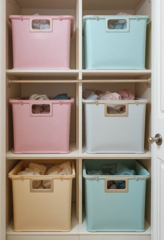 Color-coded storage bins organizing kids closet in a playful and tidy way