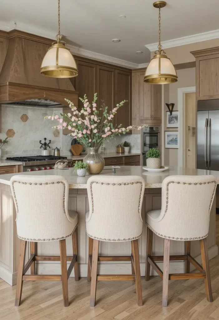 Upholstered bar stools at kitchen island creating a soft and comfortable seating area