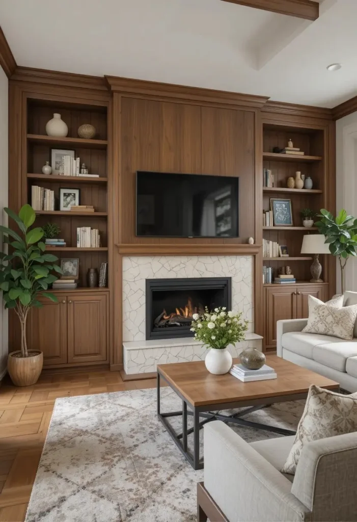 Built-in shelves with wood accents adding warmth to living room