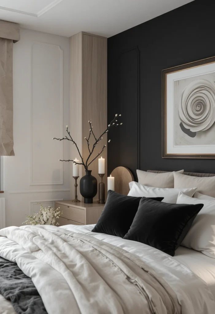 Minimal decor styling in a black and brown bedroom