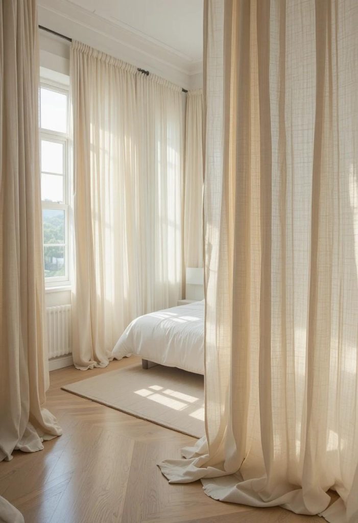 Floor-length cream linen curtains filtering morning light onto an oak floor in a Japandi bedroom.