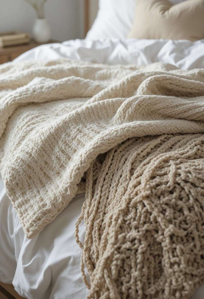 Cream cotton waffle blanket layered over an oatmeal knit throw at the foot of a coastal white bed.