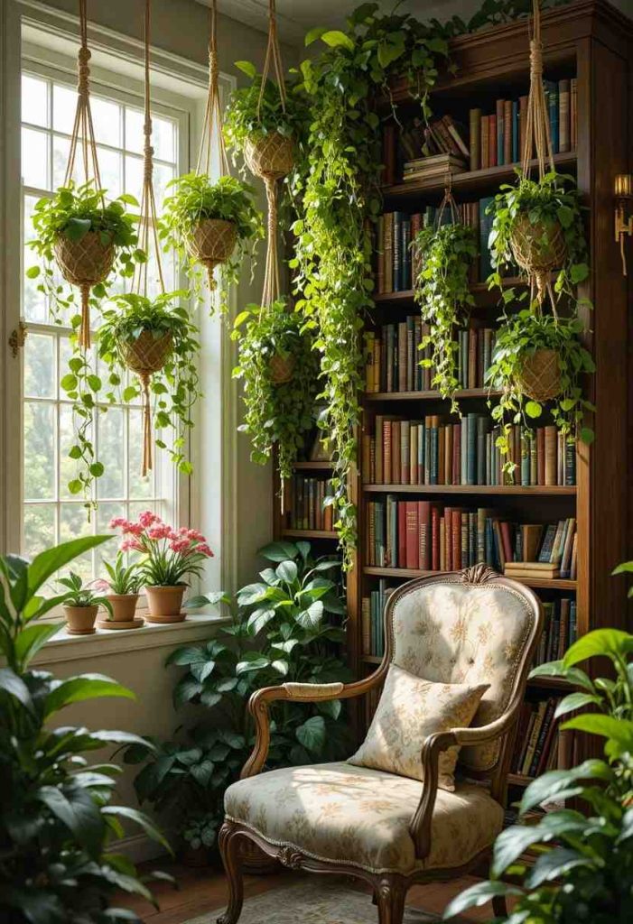 Whimsical reading nook with trailing pothos and string of pearls cascading from macrame holders and a bookshelf.
