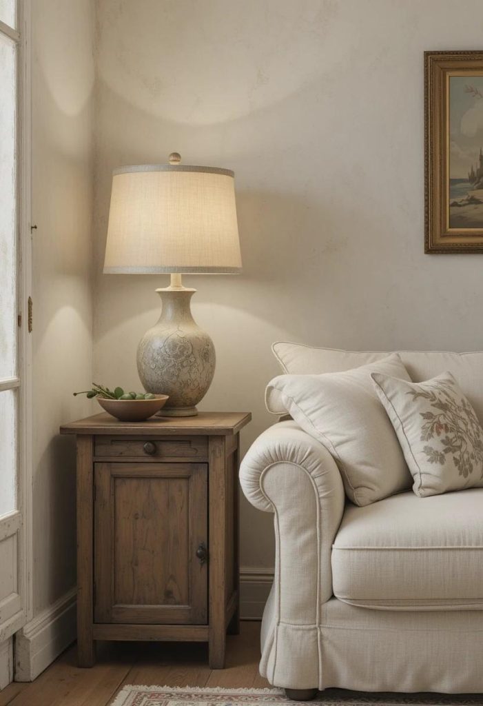 Antique weathered wood side table with ceramic lamp and clay bowl of olive branches beside a linen sofa in a Tuscan living room.