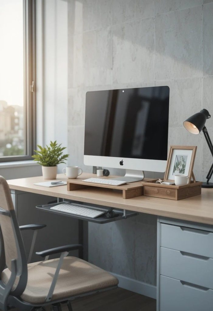 A clean and styled office desk at end of day with monitor on a riser, plant, framed print, tray, and softly glowing lamp ready for the next morning