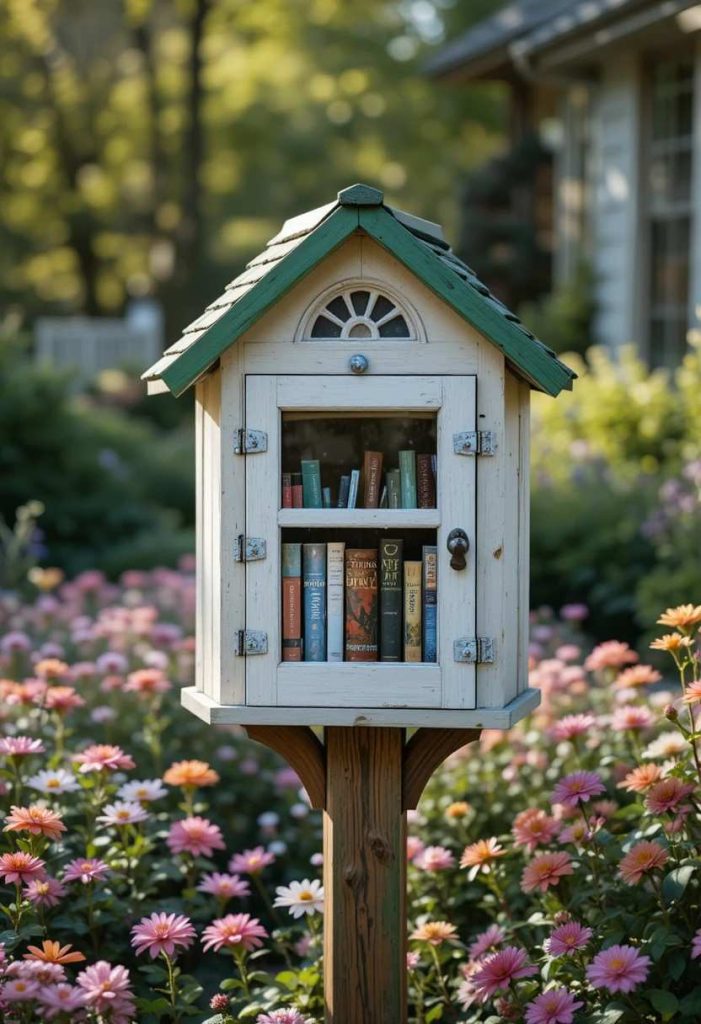 Hand-painted wooden Little Free Library shaped like a tiny cottage with green roof and white shutters in a flower-filled yard