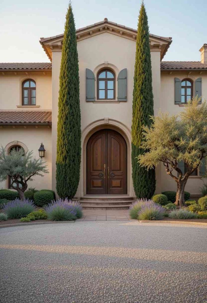 Tuscan villa with Italian cypress trees flanking the entry, mature olive trees, lavender pathway, cream stucco, and terracotta roof at golden hour.