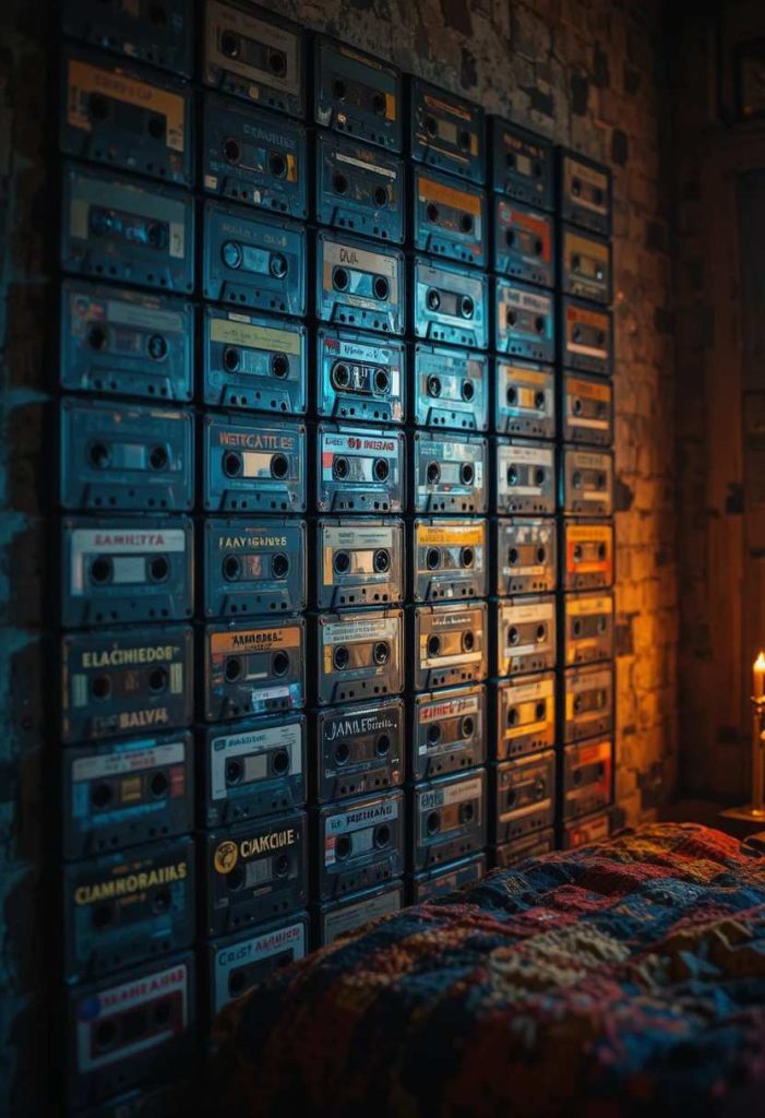 Wall art made of vintage cassette tapes mounted in a grid on a grunge bedroom wall