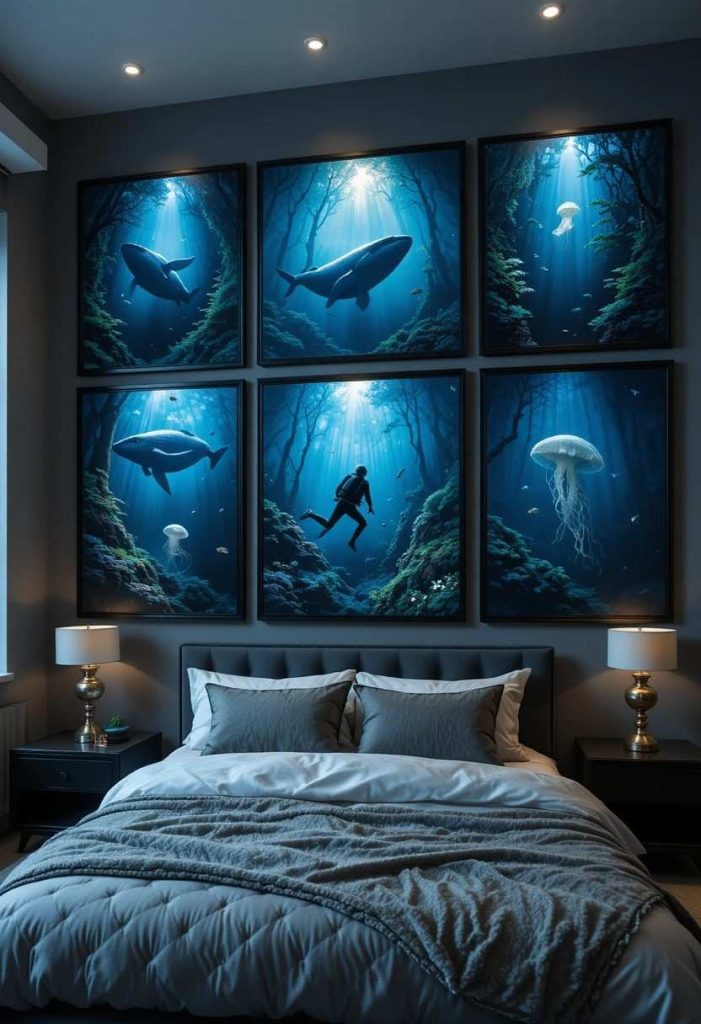 Gallery wall of framed large underwater photography prints in a modern adult bedroom