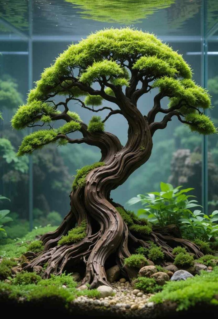 Bonsai tree aquascape made from driftwood and moss simulating a miniature underwater tree