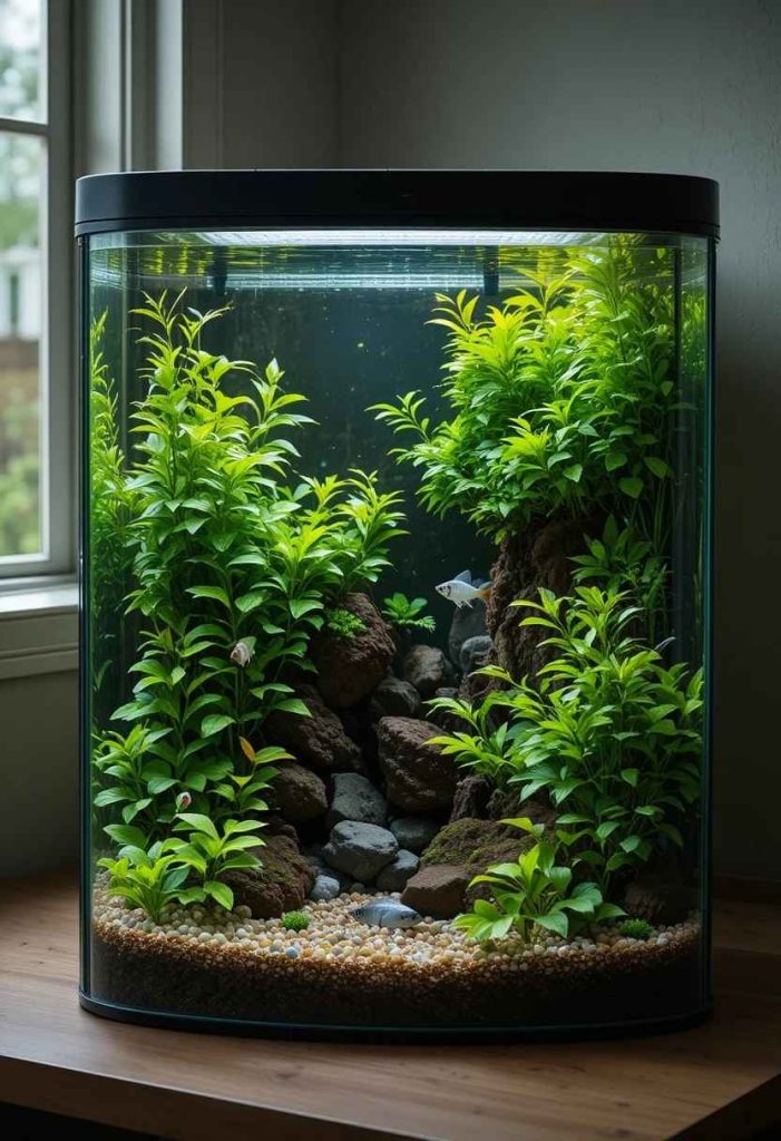 Small Walstad method low-tech planted aquarium with dense plants and a school of rasboras