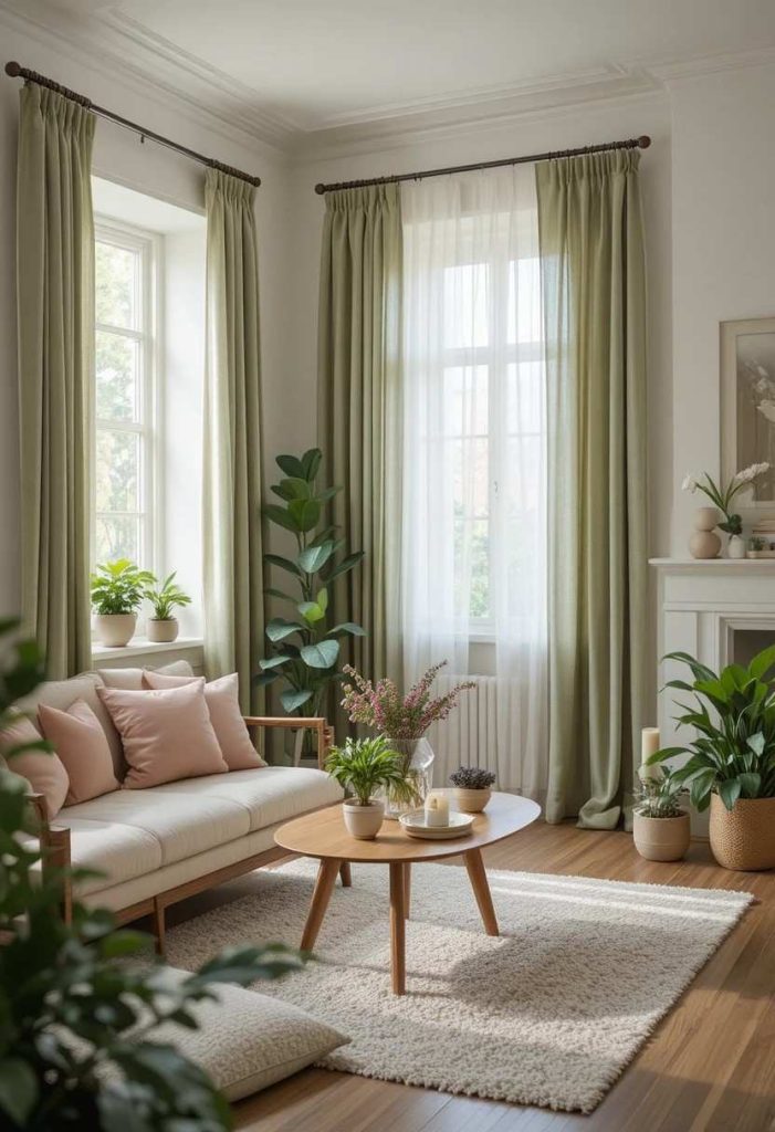 Sage green linen curtains in a calm nature-inspired living room with warm white walls and blush pink accents