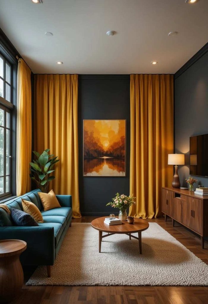 Floor-to-ceiling mustard yellow cotton velvet curtains in a mid-century modern living room with charcoal walls and teal sofa