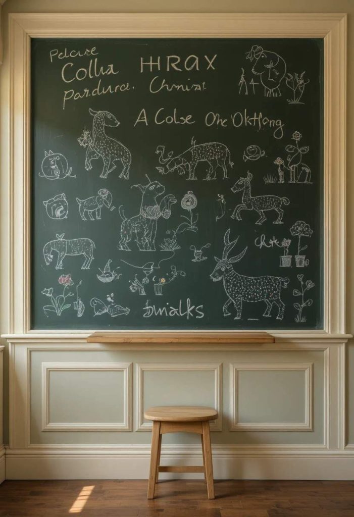 Large framed vintage chalkboard wall with chalk drawings, wooden ledge and alphabet charts in a charming kids room