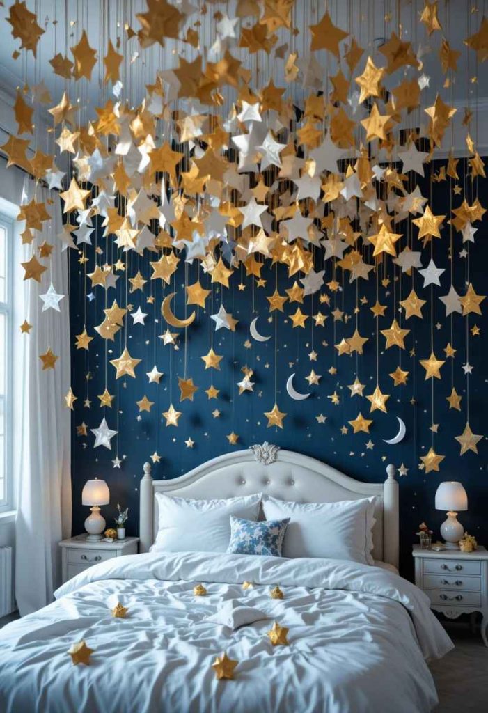 Hanging gold and silver paper stars and moons at varying heights creating a celestial ceiling installation in a whimsical kids bedroom