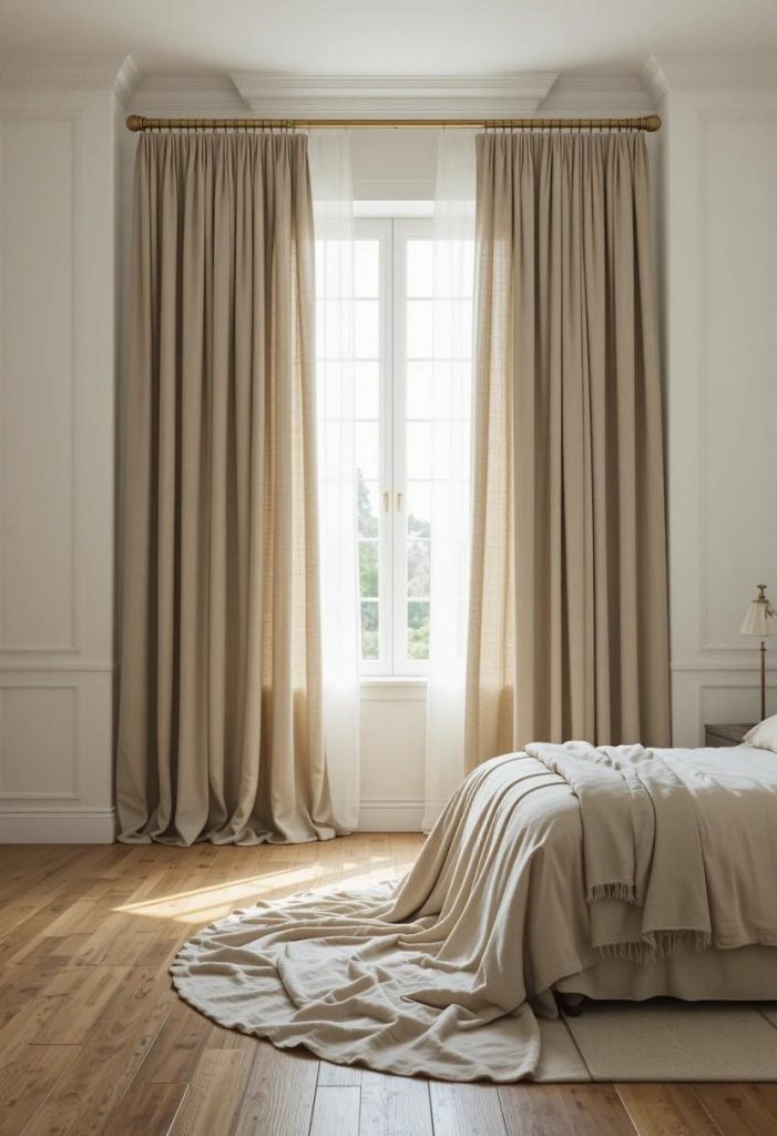 Floor-to-ceiling taupe linen curtains pooling on hardwood floor beside a tall window