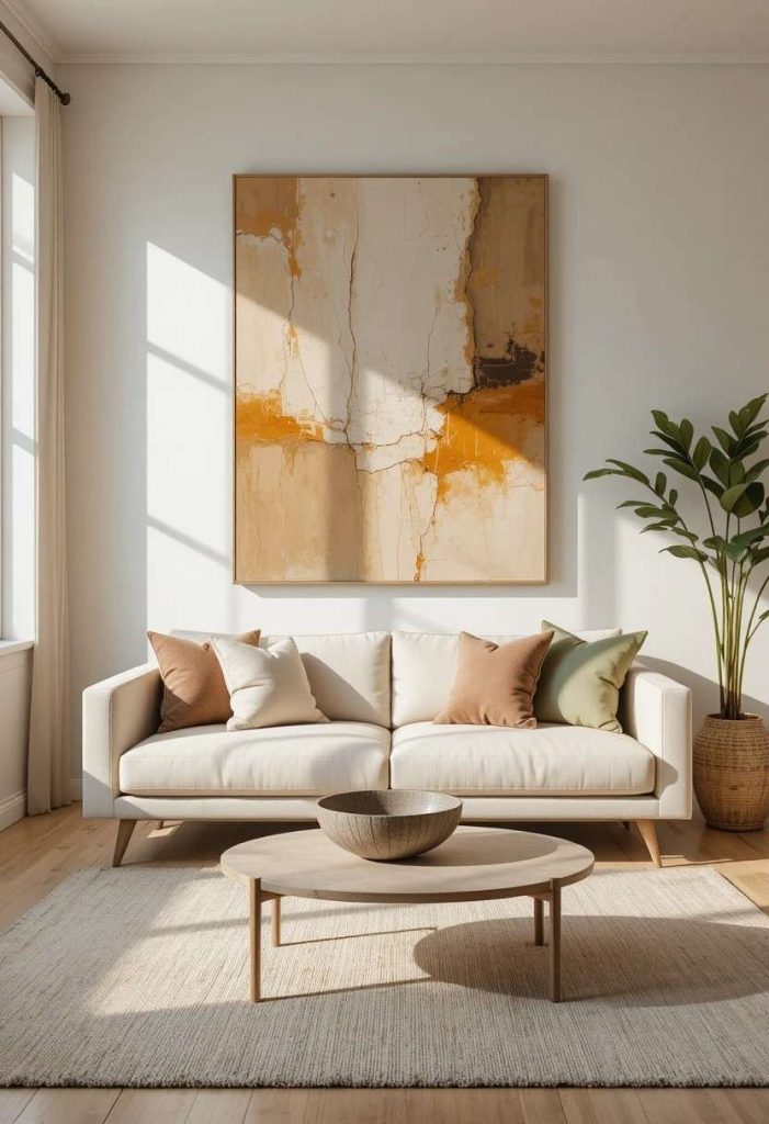Oversized abstract earth-toned canvas art above a cream sofa in a minimalist small living room.