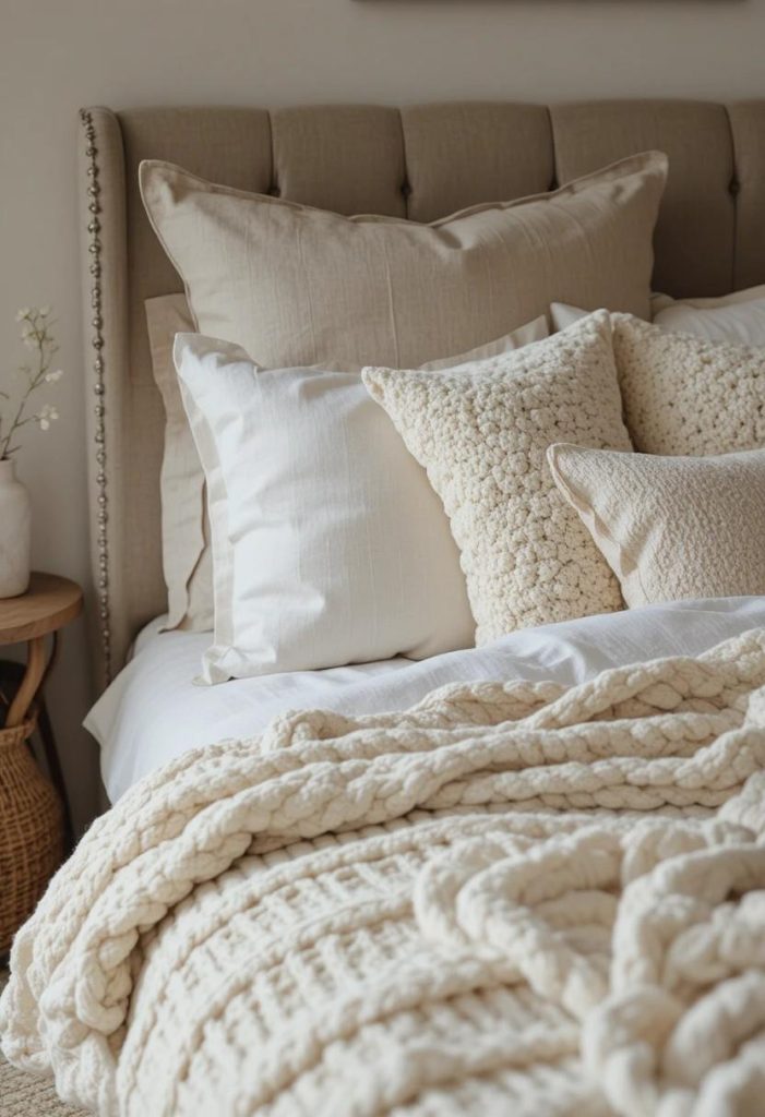 Mixed textures of linen knit ceramic and woven in aesthetic budget college bedroom