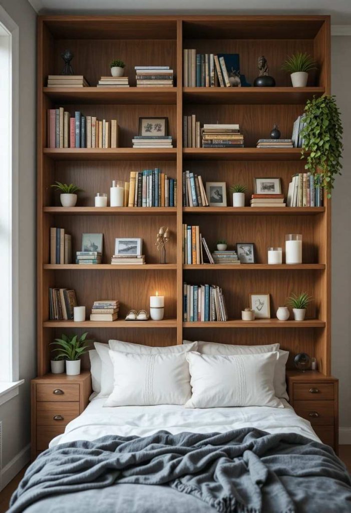 Styled open shelving with books and plants in college apartment bedroom