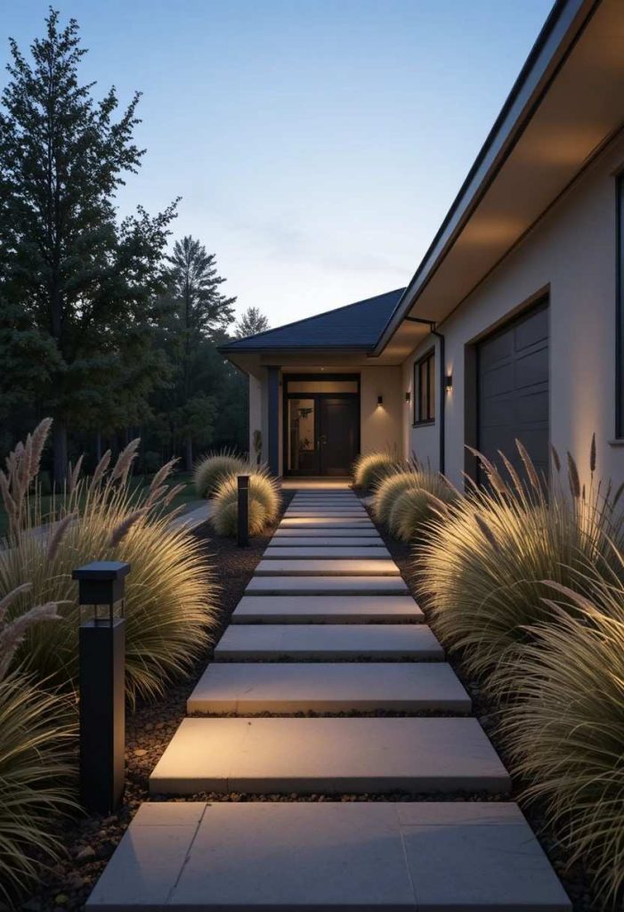 Matte black bollard path lights illuminating a minimalist front yard walkway at dusk