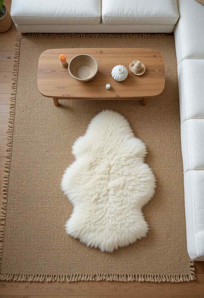 Layered jute and sheepskin rugs under an oak coffee table in a Scandinavian living room.