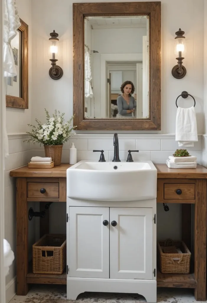Vintage farmhouse bathroom sink with rustic wood vanity.